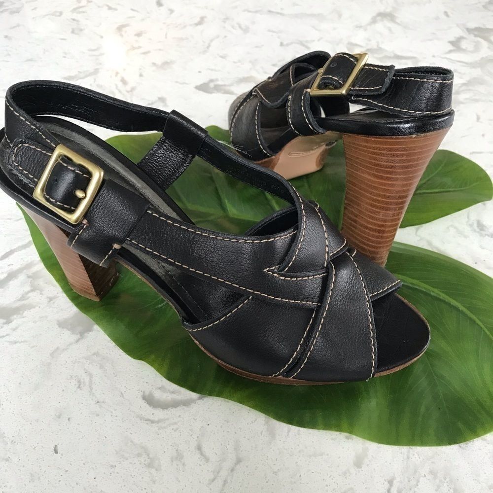 Coach Slingback Open Toe Leather Wrap Heeled‎ Sandal Black 8